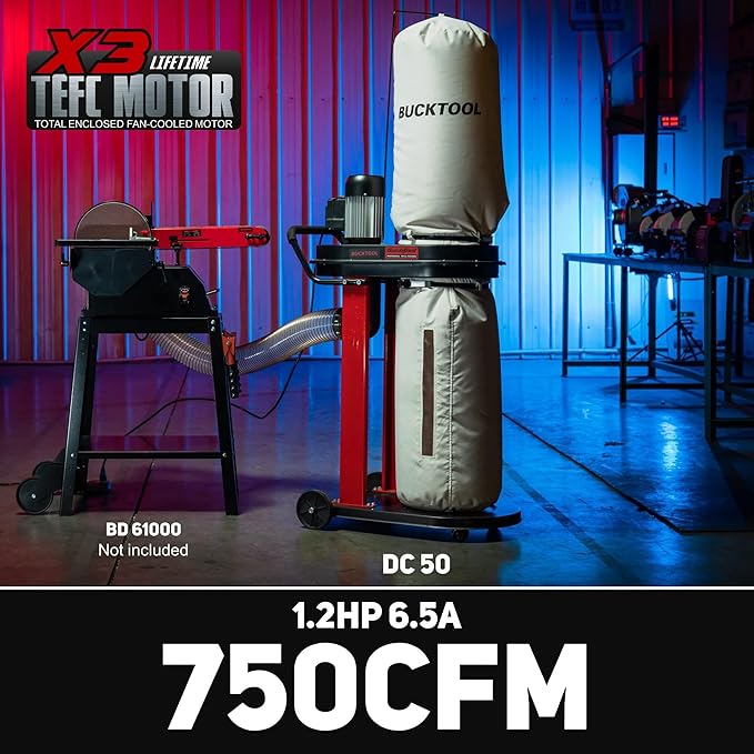 BUCKTOOL 1.2 HP Auto Start 750CFM Dust Collector with 3 Dust Collection Bag, 5.4 Cubic Bag Capacity and 5 PCS Reducer for Woodworking