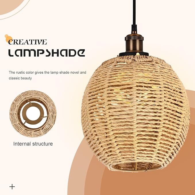 DOITOOL 3Pcs Retro Rattan Woven Pendant Light Cover, Boho Handwoven Rattan Natural Light Fixture, Bulb Guard Lamp Cage for Pendant Light, Lamp Holder, Ceiling Fan Light Bulb (Brown)