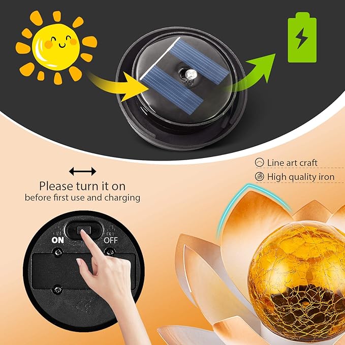 Garden Solar Lights Outdoor(2Pack) , Amber Crackle Globe Glass Lotus Decoration , Waterproof Orange Metal LED Flower Lights for Patio,Lawn,Walkway,Tabletop,Ground, Garden Gifts for Women