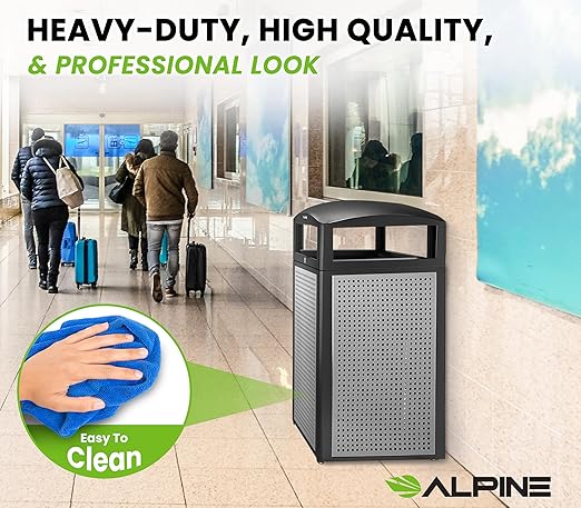 Alpine Outdoor Commercial Trash Can with Lid - 40 Gallon Heavy Duty Metal Garbage Can with Removable Bin, Locking Lid for a Modern Look in Parks, Malls, Parkings & High Traffic Areas (Black & Grey)