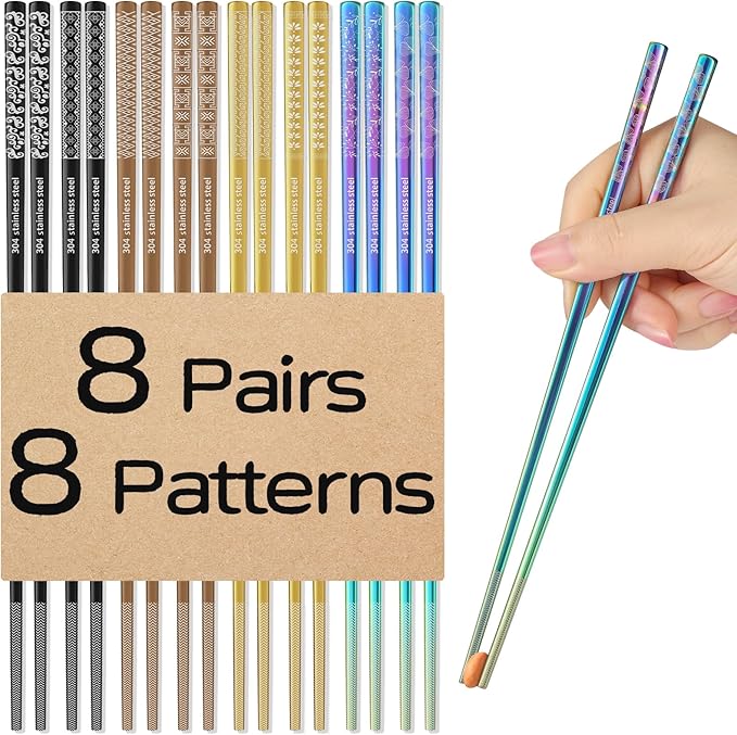 8 Pairs Metal Chopsticks Reusable Multicolor Stainless Steel Chopsticks Set Laser Engraved Non-slip Japanese Korean Chinese Chopstick for Cooking Eating Dishwasher Safe 9.25" Chop Sticks Gift Set