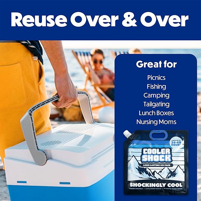 Cooler Shock Reusable Ice Packs for Cooler - Long Lasting Cold Freezer Packs for Coolers and Lunch Boxes - Cooler Ice Packs for Camping Gear, Fishing, Road Trips, Beach Must Haves