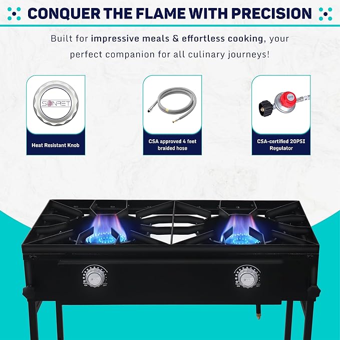 Double Burner Propane Stove Outdoor - 150,000 High btu 2 Burner Outdoor Stove W/Detachable legs & Bottom Shelf Double Propane Burners for Outdoor Cooking W/CSA-Approved 0-20 PSI Regulator & Hose