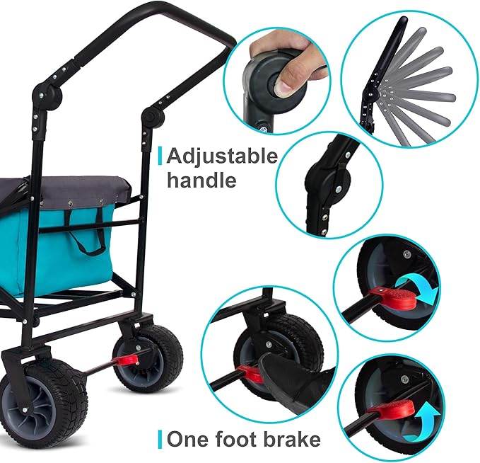 Folding Utility Wagon | Heavy-Duty Collapsible Cart with Brakes & Adjustable Handle | for Gardening, Beach Trips, Camping, Shopping & Outdoor Transport (Turquoise/Grey)