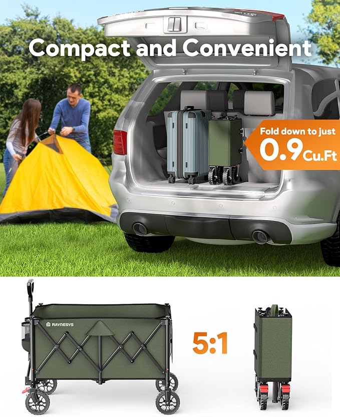 Collapsible Foldable Wagons, 440lbs Weight Capacity Beach Wagon with All-terrain Wheels, Heavy Duty Foldable Wagon, Utility Wagons Carts with Brakes for Camping, Sports, Shopping, Beach, Green & Brown