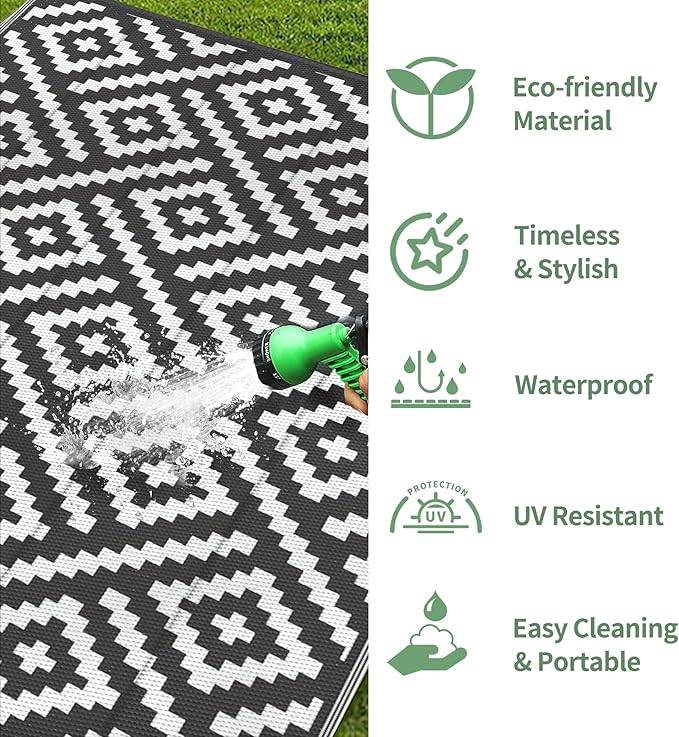 GENIMO Outdoor Rug for Patio Clearance,9'x12' Waterproof Large Mat,Reversible Plastic Camping Rugs,Rv,Porch,Deck,Camper,Balcony,Backyard,Black & White