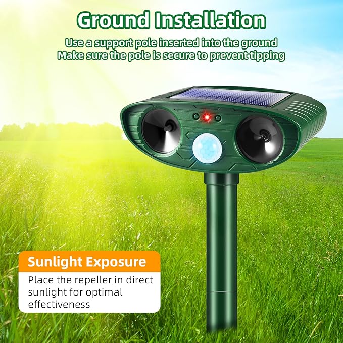 4 Pack Ultrasonic Solar Animal Repellent Outdoor,Deer Repellent Devices Motion Detection,Cat Skunk Dog Raccoon Squirrel Rabbit Deterrent,Waterproof Animal Repeller for Yard Farm