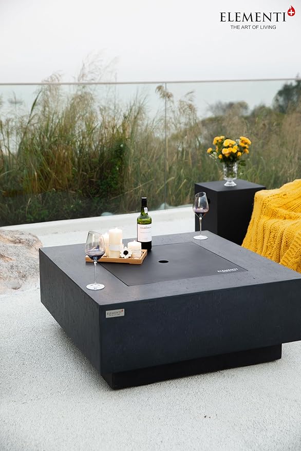 Elementi+ | Bundle Bergen Gas Fire Pit Cast Concrete 40" Square Fire Table, Outdoor Fire Pit Electronic Ignition | Canvas Cover, Fire Glass and Burner Lid Included | Dark Gray | Natural Gas