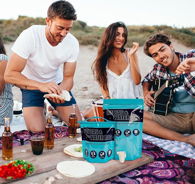 Ice Bags for Cooler, Reusable Ice Cube Bag with Sealed Sliding Handle, Long Lasting Cold Dry Freezer Packs, 5lb & 2.5lb Leakproof Water Bag for Camping Hiking Fishing & Drinks(1 Large & 1 Medium)