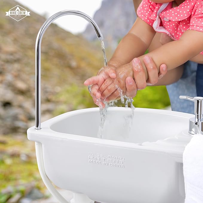 Hike Crew Portable Camping Sink & Waste Tank | Large Outdoor Hand Washing Station with 4.5 Gal Capacity, Hands-Free Foot Pump, Faucet, Soap Dispenser & Towel Rack | Includes 8 Gal Travel Waste Tank