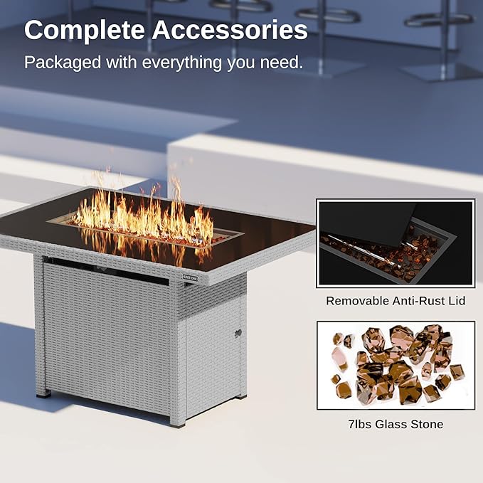 EAST OAK 44'' Propane Fire Pit Table, 60,000 BTU Gas Fire Table w/Aluminum Frame, H Type Burner and Tempered Glass Tabletop, CSA Listed Outdoor Patio Firepit, Fire Glass and Lid, Grey