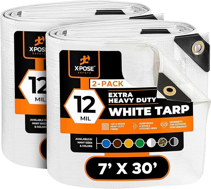 Heavy Duty White Poly Tarp 7' X 30' (2-Pack) - Multipurpose Protective Cover - Durable, Waterproof, Weather Proof, Rip and Tear Resistant - Extra Thick 12 Mil Polyethylene - by Xpose Safety