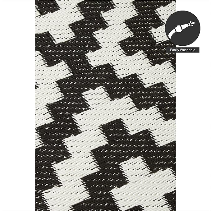 FH Home Outdoor Camping Rug - Waterproof, Fade Resistant, Reversible - Premium Recycled Plastic - Geometric - Large Patio, Deck, Sunroom, RV - Aztec - Black & White - 9 x 12 ft Foldable