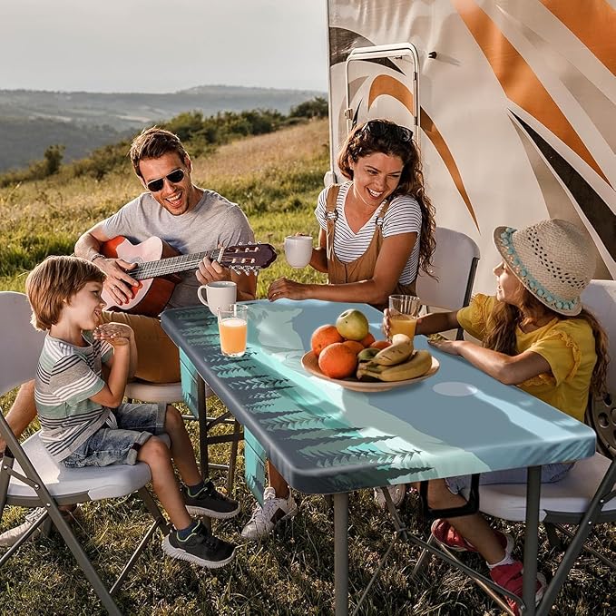 Fitted Picnic Table Cover with Bench Covers Elastic Waterproof Outdoor Camping Tablecloth for 6 Foot Rectangle Tables Camper Summer Accessories Rv Car Essentials Vacation Gifts for Women Men