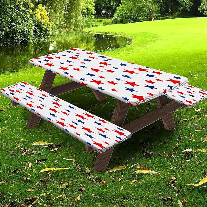 CAPSCEOLL Picnic Table Cover with Bench Covers 4Th of July Waterproof Camping Tablecloth All-Weather Outdoor Table Protector with Drawstring Bag for Camping Essentials, 72X30in, Stars