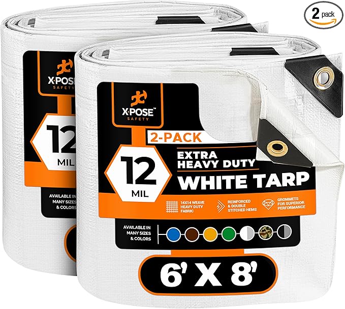 Heavy Duty White Poly Tarp 6' X 8' (2-Pack) - Multipurpose Protective Cover - Durable, Waterproof, Weather Proof, Rip and Tear Resistant - Extra Thick 12 Mil Polyethylene - by Xpose Safety
