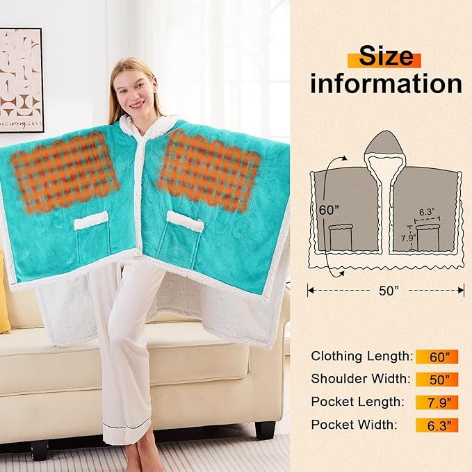 greenoak Wearable Heated Throw Blanket Electric Shawl - Heated Robe Poncho Blanket Hoodie for Adult, Winter Gifts for Mom Women Girlfriend Grandma 5-Position Timer 10-Heating Levels.Turquoise