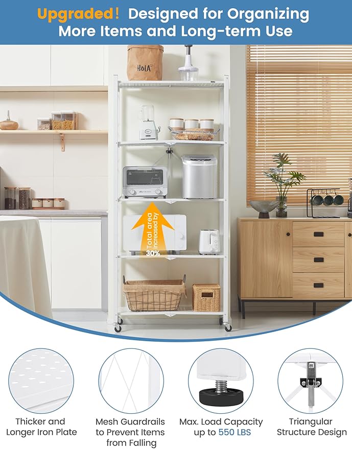 ALANNG 70.7" H Metal Storage Shelves, 5 Tier Folding Shelf on Wheels, Heavy Duty, No Assembly, Rolling, Collapsible Rack Unit for Kitchen, Basement, Pantry (White,4 Pack)