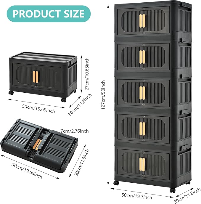Holaki 195 QT Collapsible Closet Organizers with Lid, 5 Tiers Stackable Plastic Storage Bins Cabinet with Wheels and Magnetic Door (Black)