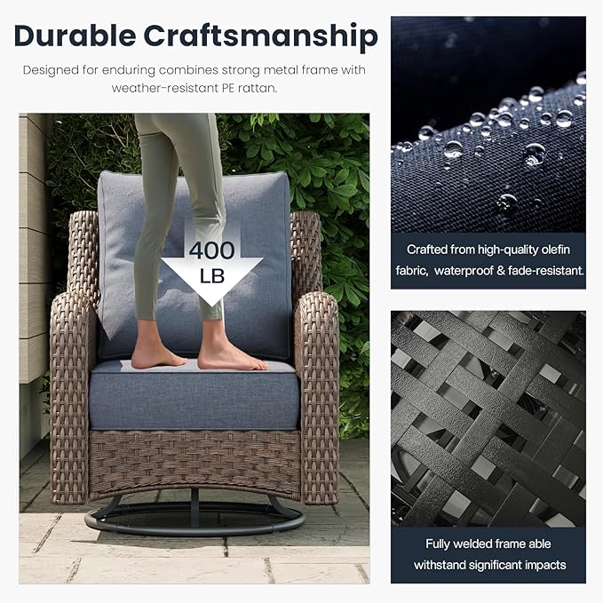 6 Pieces Outdoor Patio Furniture Sets with Rocking Swivel Chairs with 6-inch Thick Cushion and Side Table for Deck Lawn