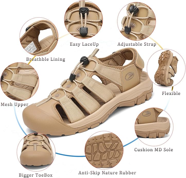 FLARUT Men's Athletic Sandals - Closed Toe Sport Hiking & Outdoor Walking Water Sandals with Anti-Slip Cushioning and Breathable Mesh