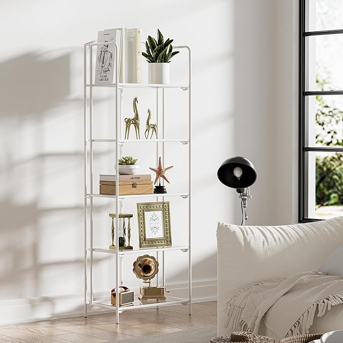 Crofy No Assembly Folding Bookshelf for Living Room, 5 Tier White Collapsible Book Shelf for Home Office, Portable Bookcase Storage Organizer