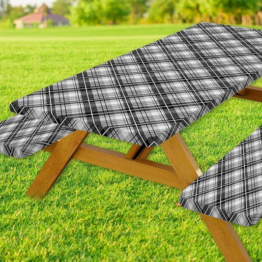 DYNH 3 Pcs Picnic Table Cover with Bench Covers, 8ft Waterproof Reusable Elastic Fitted Rectangle Picnic Table Cloths,30x96IN Black Plaid Picnic Tablecloth for Camping Patio Travel Outdoor