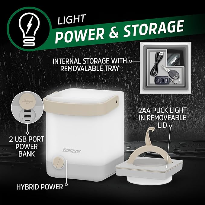 Energizer LightxPower Cube Camping Lantern, X1000 Lantern Dual Power Rechargeable and AA Battery, IPX4 Water Resistant