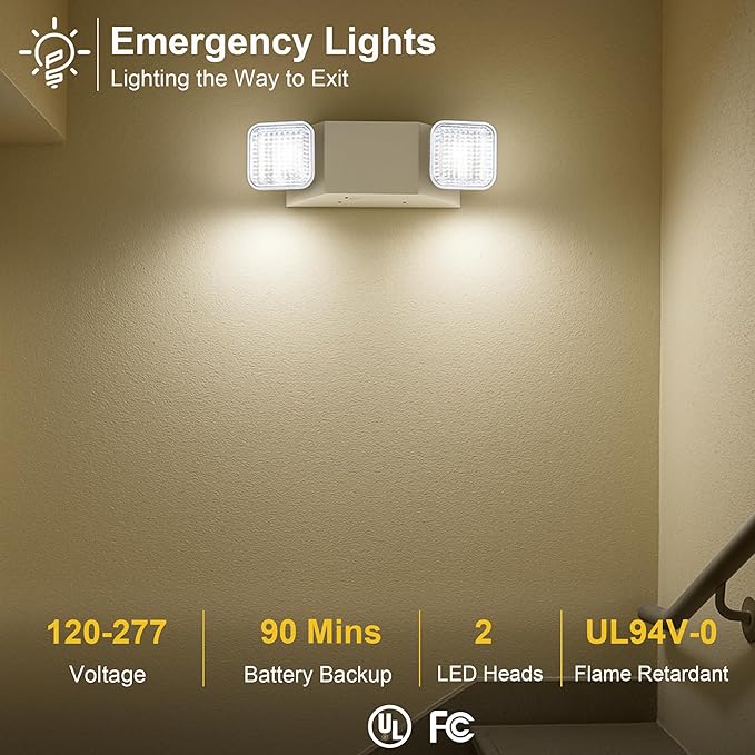 GRUENLICH LED Commercial Emergency Light with Dual Head and Backup Battery, US Standard, AC 120-277V, Hardwired Emergency Light Fixtures for Business Office Power Outages, 1-Pack