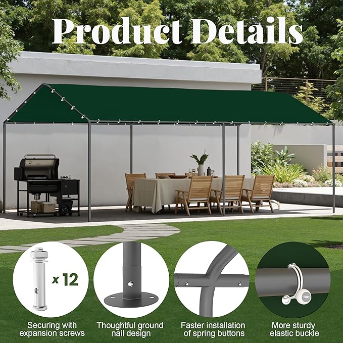 Carport, 10‘ x 20’ Heavy Duty Portable Garage All-Season Car Canopy w/Removable Sidewall & Doors, Carport Canopy Party Tent w/Water-Resistant Tarp for Backyard (Green, 10' x 20' /no Side)