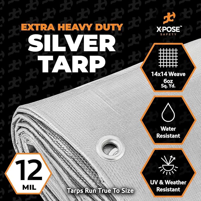 Heavy Duty Silver Poly Tarp 7' X 20' (2-Pack) - Multipurpose Protective Cover - Durable, Waterproof, Weather Proof, Rip and Tear Resistant - Extra Thick 12 Mil Polyethylene - by Xpose Safety