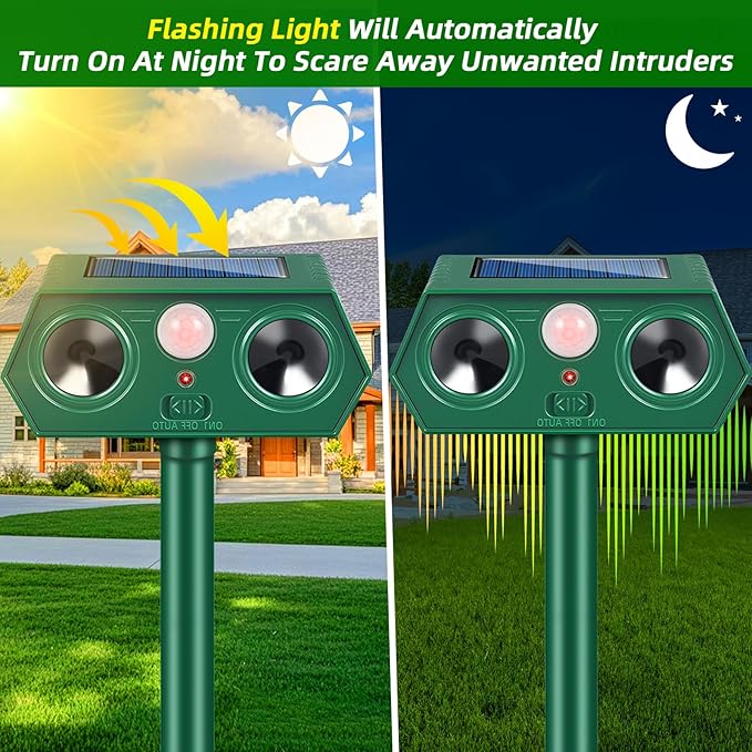 2 Pack Solar Ultrasonic Animal Repellent Outdoor,Deer Repellent Devices Motion Detection,Cat Squirrel Rabbit Repellent for Garden Yard,Waterproof Animal Repeller for Skunk Dog Racoon Rodent