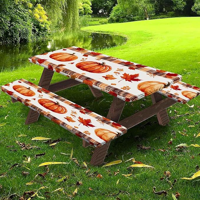 CAPSCEOLL Fitted Picnic Table Cover with Bench Covers with Elastic 8Ft Waterproof Picnic Table Cloths Windproof Outdoor Camping Tablecloth with Drawstring Bag, 96X30in, Pumpkins Leaf