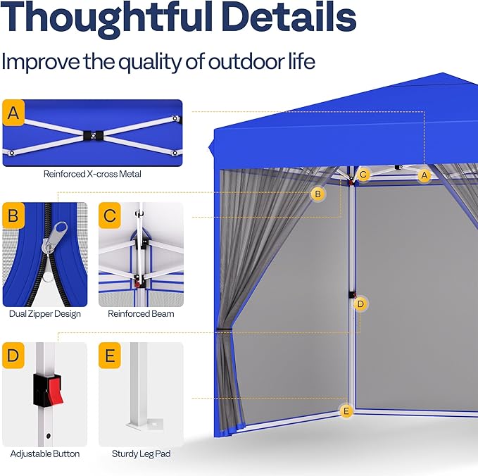 VIVOHOME 10x10ft Easy Pop-Up Canopy, Outdoor Screen Tent with Mosquito Netting, 2 Zipper Doors, and Roller Bag for Yard Camping Picnic Party Events, Blue