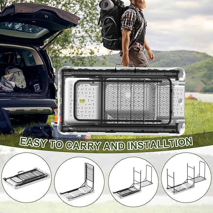 Dragosum Fish Cleaning Table, Portable Folding Camping Table with Folding Grill Extension Board, Fish Cleaning Station with Dual Sinks, Hose Hook Up