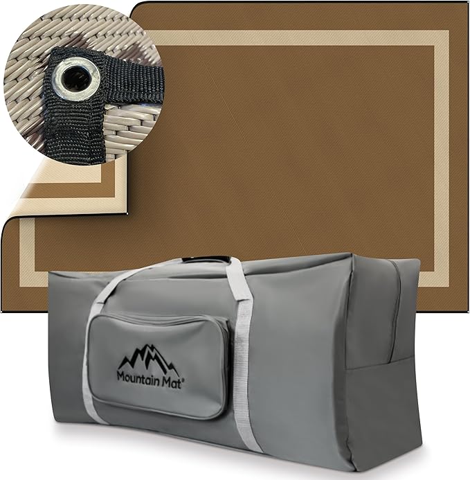 8x20 Brown RV Patio Mat with Carry Bag – Extra Thick 5mm Recycled Poly Rug – Heavy-Duty, Waterproof, Reversible – Premium Outdoor Mat for Camping, Deck (8' x 20', Brown Solid)