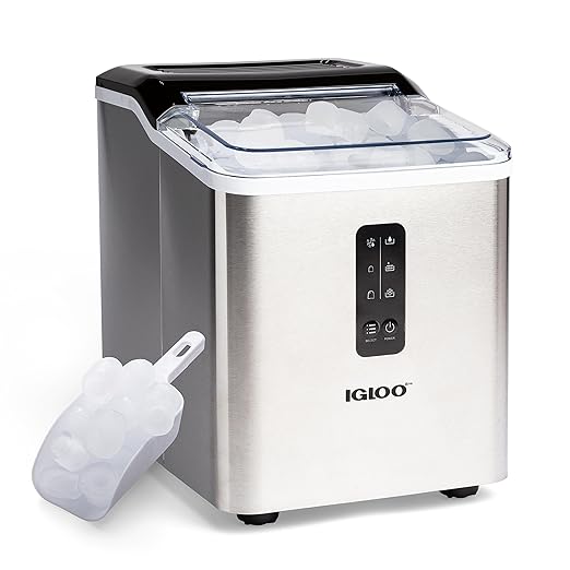 Igloo Automatic Ice Maker, Self-Cleaning, Countertop Size, 26 lbs in 24 Hours, 9 Large or Small Ice Cubes in 7 Minutes, LED Control Panel, Scoop Included, Great for Water Bottles, Stainless Steel