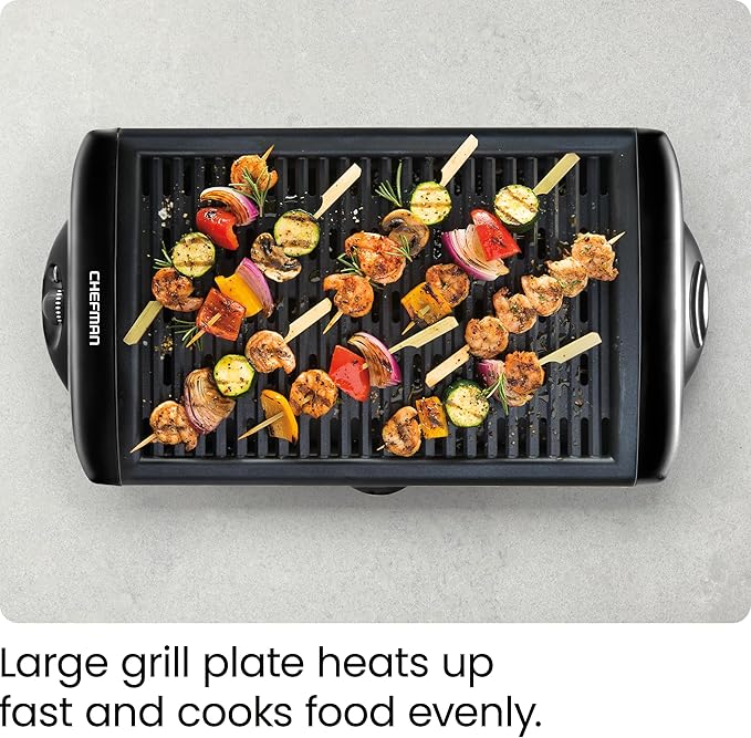 Chefman Electric Smokeless Indoor Grill w/ Non-Stick Cooking Surface & Adjustable Temperature Knob from Warm to Sear for Customized BBQing, Dishwasher Safe Removable Water Tray, Black