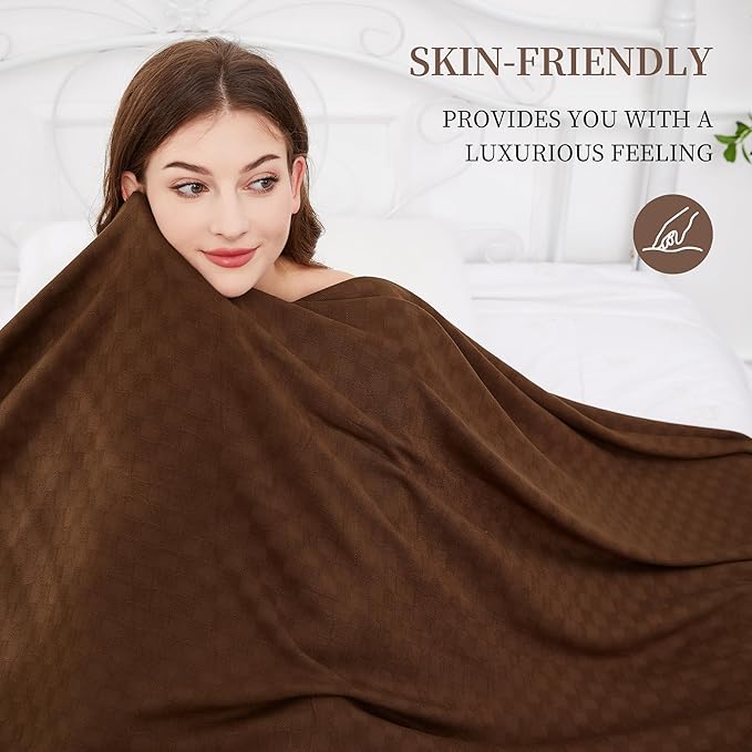 AmyHomie Cooling Blanket Queen Size, 100% Rayon Derived from Bamboo, Cool Summer Blanket for Hot Sleepers Soft Comfy Lightweight Checkered Blankets for All Seasons(Mocha, 90”x90”)