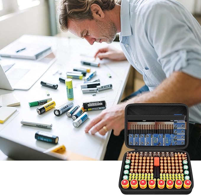 Battery Organizer Storage Case with Tester, Batteries Holder Box Carrying Container Bag, Garage Vault Organization Holds 162+ Battery Variety Pack AA AAA AAAA C D 9V 3V Lithium(No Batteries) (Black)