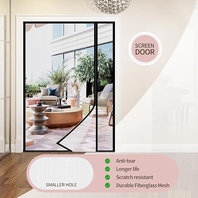 Fiberglass Magnetic Door Screen Fit Door Size 72 x 80 Inch, Sunmoxia Reversible Left or Right Side Opening Durable Reinforced Mesh Curtain, Heavy Duty Screen Door