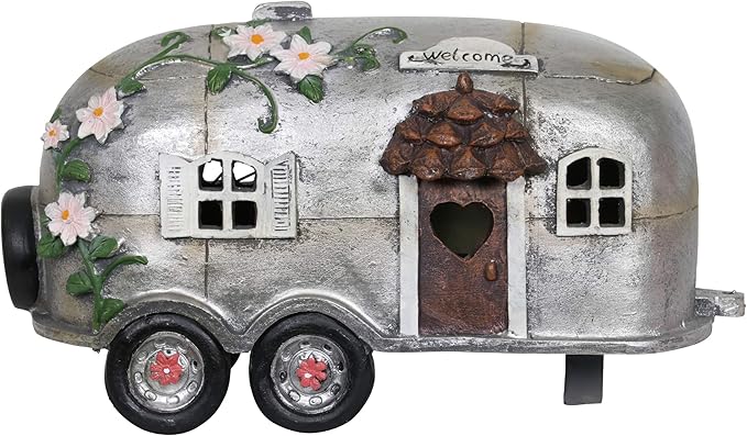 Exhart Garden Sculpture, Solar Vintage Camping Trailer Garden Statue, LED Lights, Outdoor Garden Decoration, 5 x 10 x 6 Inch