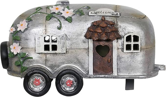 Exhart Garden Sculpture, Solar Vintage Camping Trailer Garden Statue, LED Lights, Outdoor Garden Decoration, 5 x 10 x 6 Inch