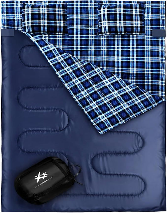 Double Sleeping Bag Flannel for Adults Kids, Queen Size for 2 Person with 2 Pillows, Warm & Cold Weather Sleeping Bag for Camping, Hiking, Waterproof Lightweight with Compression Sack