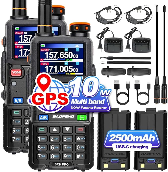 BAOFENG 5RH PRO GPS 10W Tri Band Ham Radio Long Range Handheld Two Way Radio,640CH,NOAA Weather Receiver,Walkie Talkies with Earpiece,USB-C Rechargeable 2500mAh Battery,Upgrade of baofeng 5RM,2 Pack