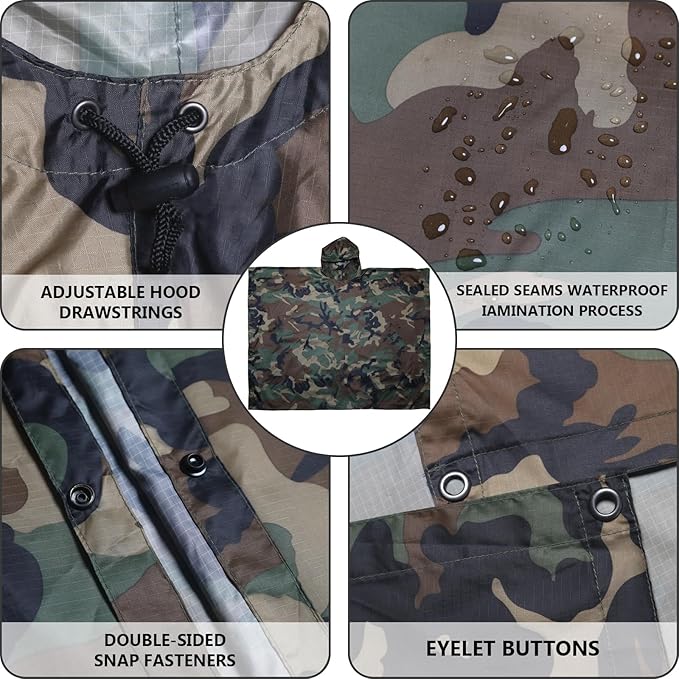 GRVCN Military Rain Poncho, Camouflage Raincoat Outdoor Waterproof Lightweight