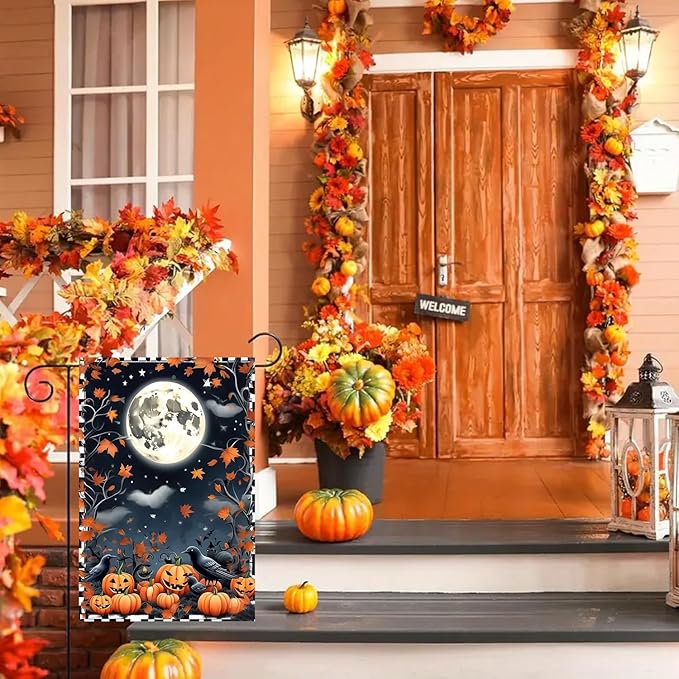 Halloween Garden Flag for Outside 12x18 Inch Double Sided, Crow Pumpkin Small Yard Flags for Outside, Outdoor Welcome Flag Front Porch Decorations for Home