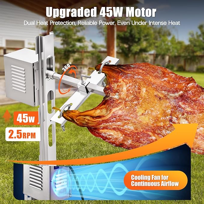 Jocisland Electric BBQ Rotisserie Grill Kit, 46" 132 Lbs Capacity, 45W Motor, Height-Adjustable Stainless Steel Pig Roaster with Triangular Stability Support Stand for Pig Lamb