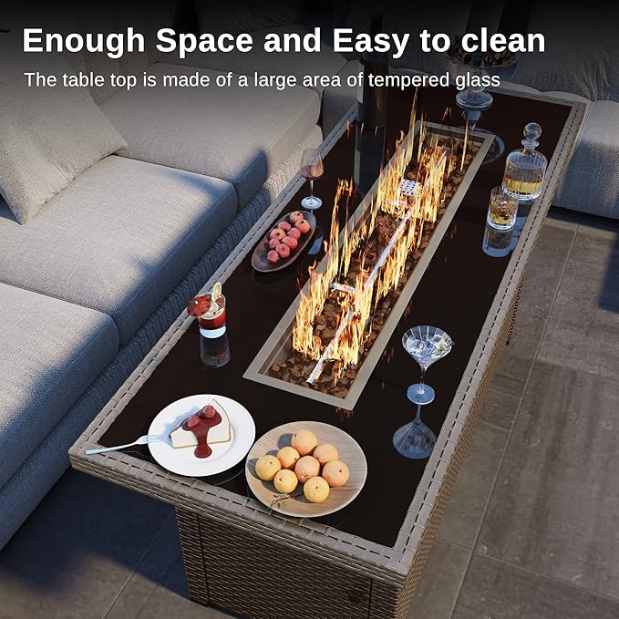 EAST OAK 57" Gas Fire Pit Table, 60,000 BTU Propane Fire Pit w/Large Tempered Glass Desktop, CSA Certified Outdoor Patio Fire Table with 9.2lb Glass Stone & Removable Lid, Chocolaty Coffee