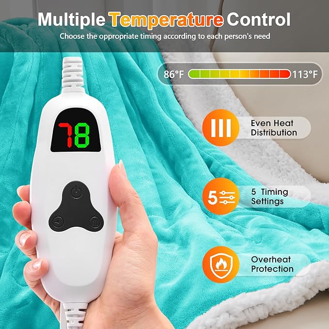 greenoak Wearable Heated Throw Blanket Electric Shawl - Heated Robe Poncho Blanket Hoodie for Adult, Winter Gifts for Mom Women Girlfriend Grandma 5-Position Timer 10-Heating Levels.Turquoise